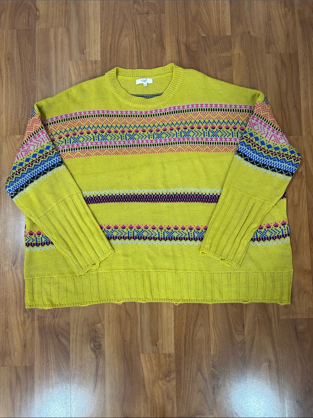 EASEL Los Angeles Mustard Yellow Fair Isle Distressed Knit Sweater XL Boho